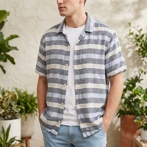 Folk Mens XL Linen Blend Striped Short Sleeve Button Up Shirt Lightweight Resort